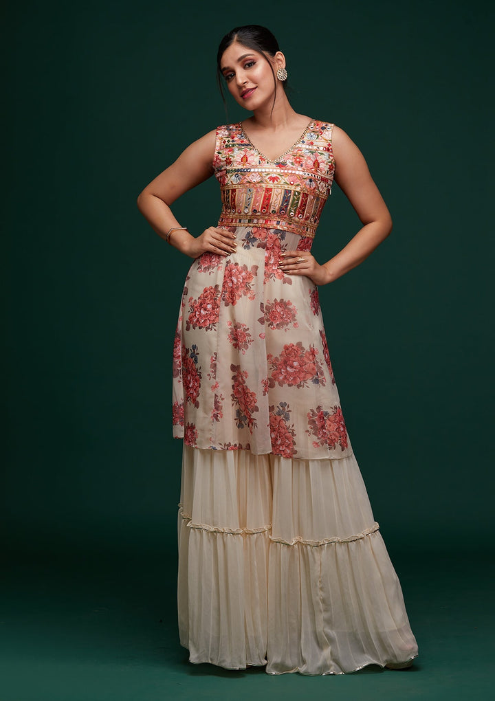 Cream Threadwork Georgette Designer Salwar Suit - Koskii