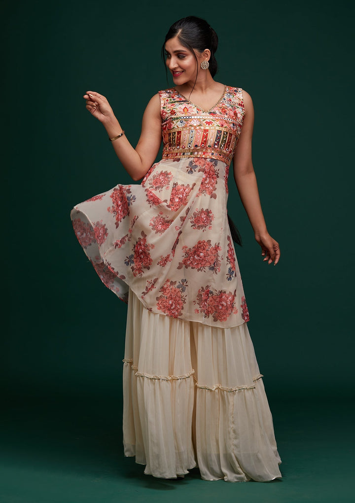 Cream Threadwork Georgette Designer Salwar Suit - Koskii