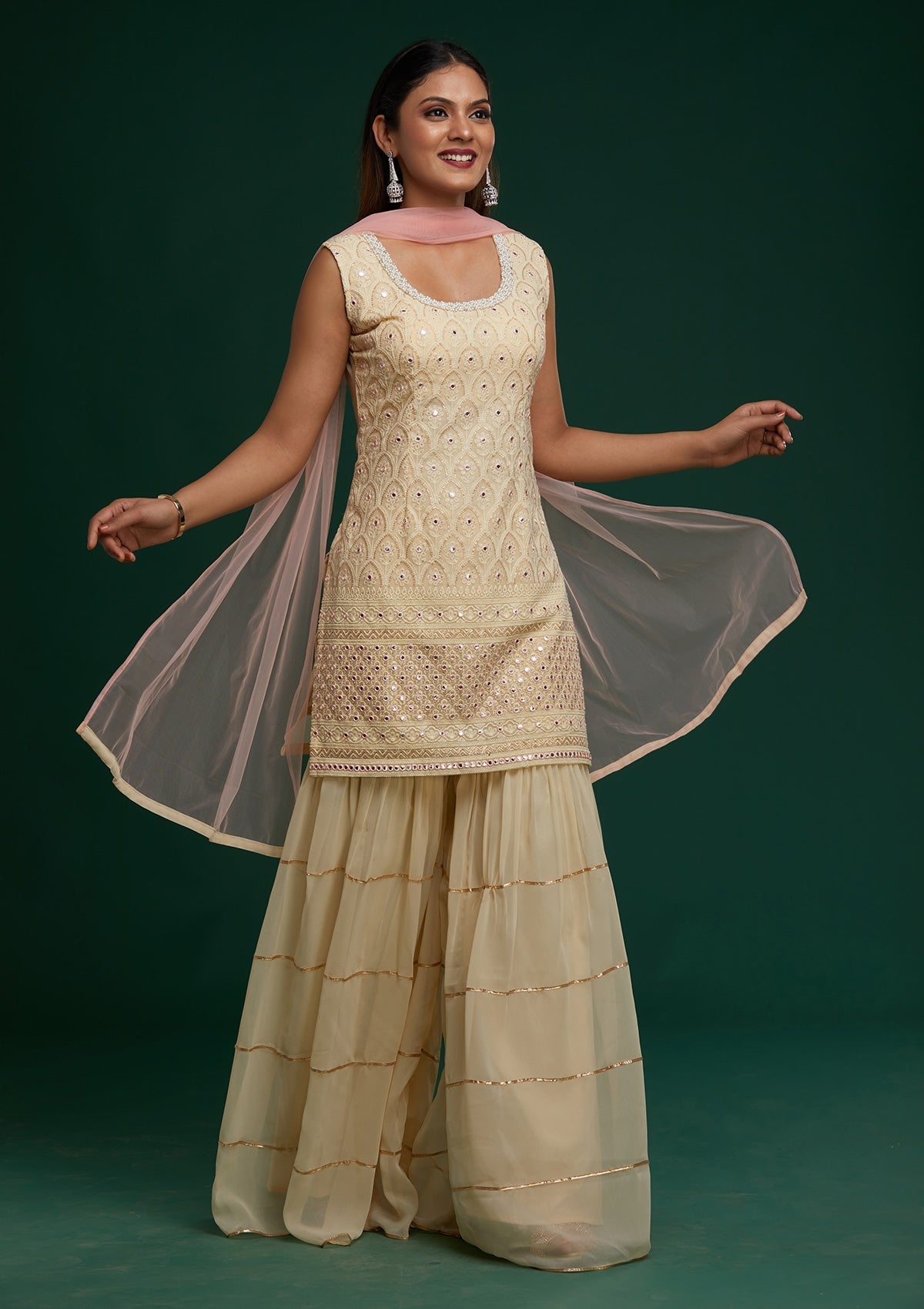 Cream Threadwork Georgette Designer Salwar Suit- Koskii