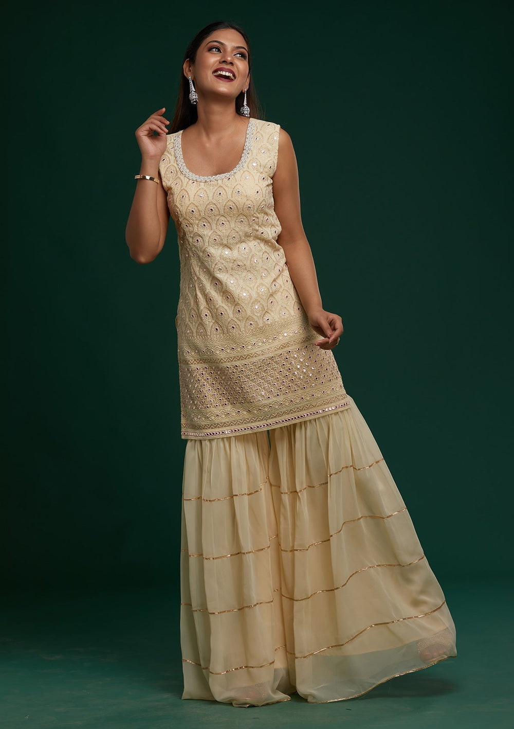 Cream Threadwork Georgette Designer Salwar Suit - Koskii