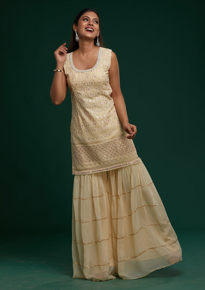 Cream Threadwork Georgette Designer Salwar Suit - Koskii