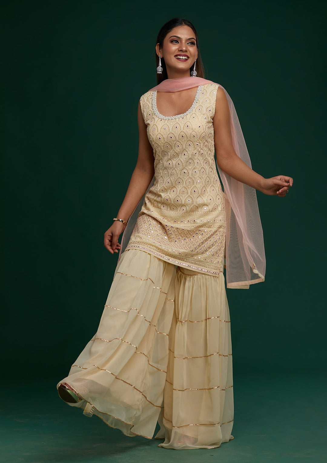 Cream Threadwork Georgette Designer Salwar Suit - Koskii