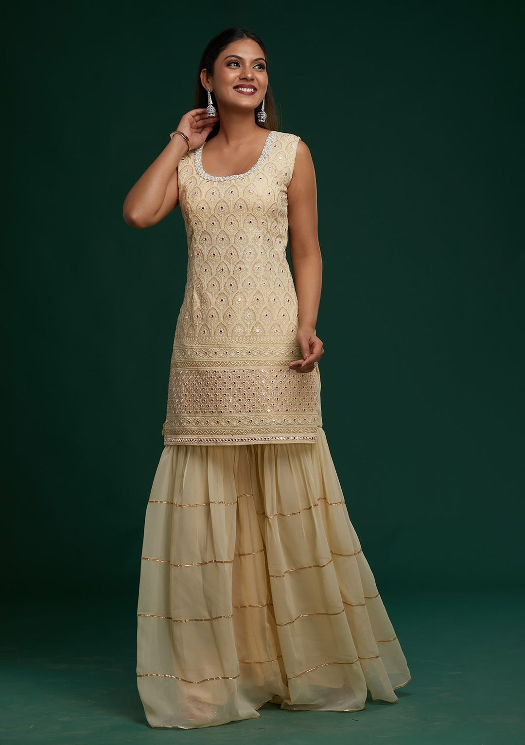 Cream Threadwork Georgette Designer Salwar Suit - Koskii