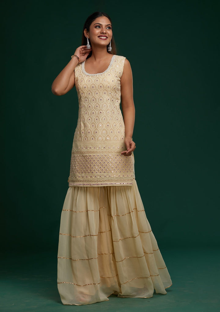 Cream Threadwork Georgette Designer Salwar Suit - Koskii