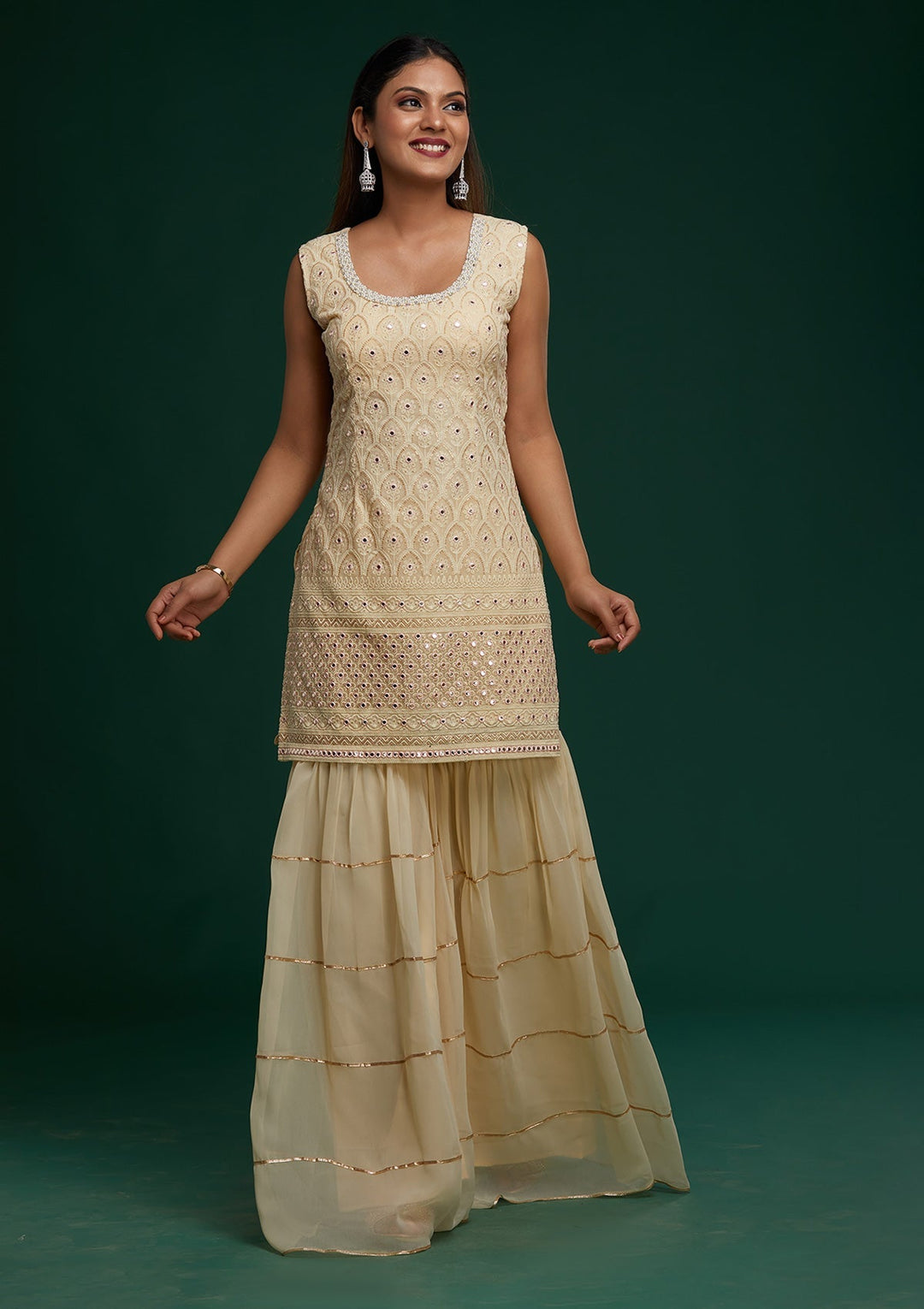 Cream Threadwork Georgette Designer Salwar Suit - Koskii
