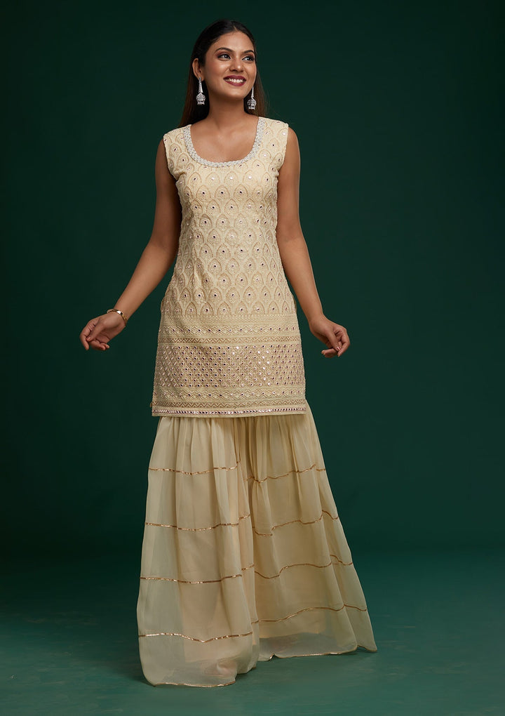 Cream Threadwork Georgette Designer Salwar Suit - Koskii