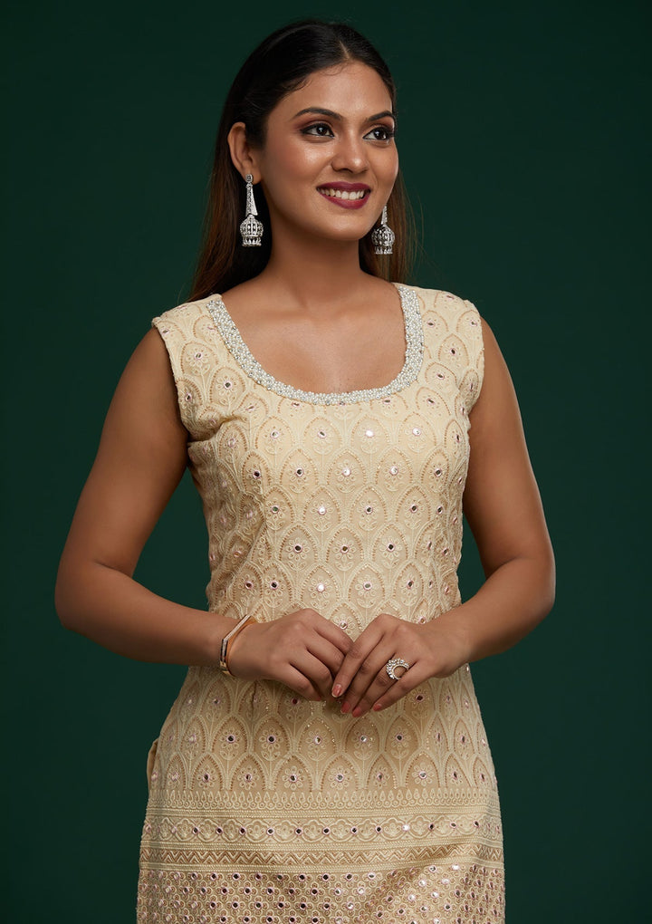Cream Threadwork Georgette Designer Salwar Suit - Koskii