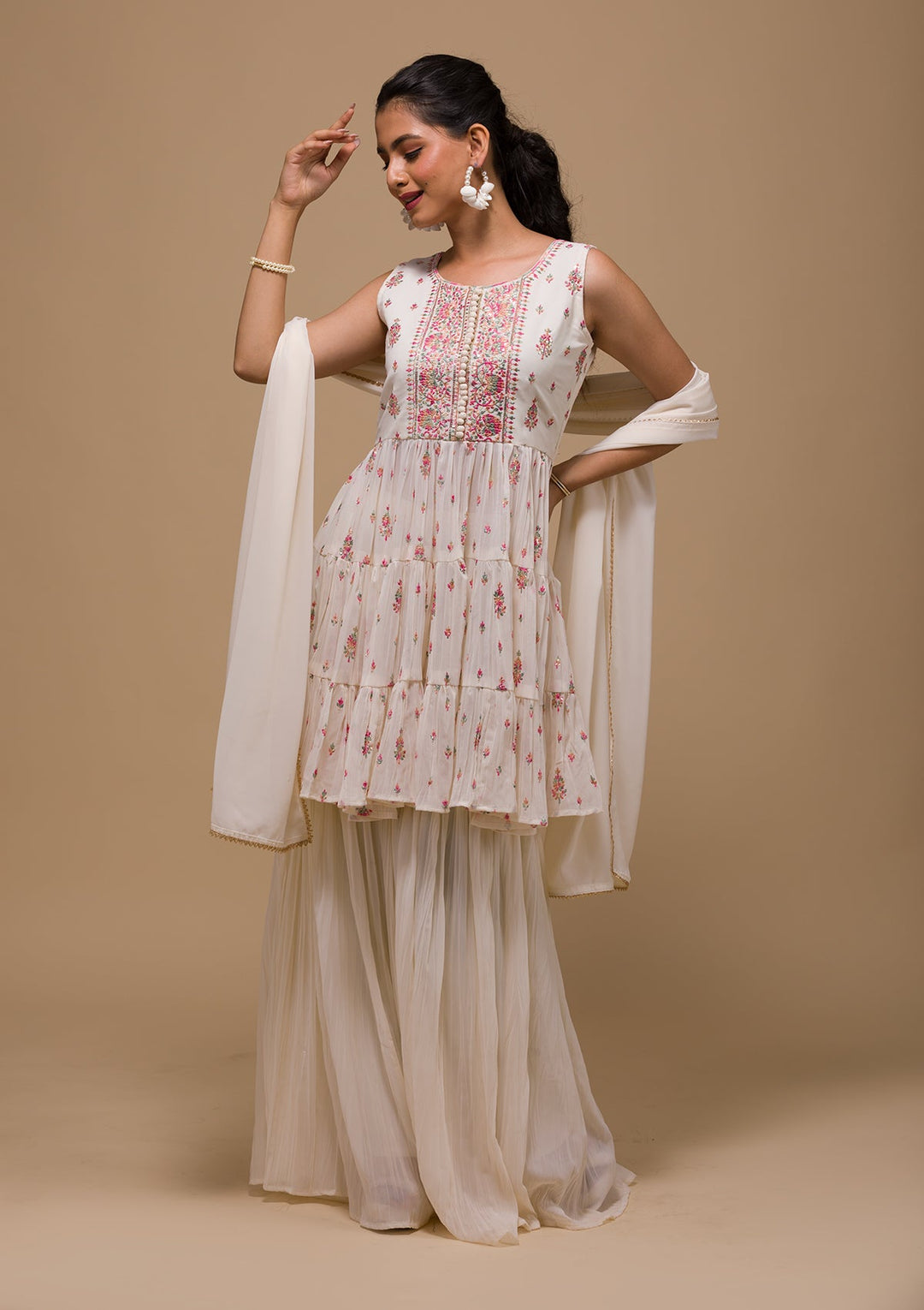 Cream Threadwork Georgette Readymade Salwar Kameez-Koskii