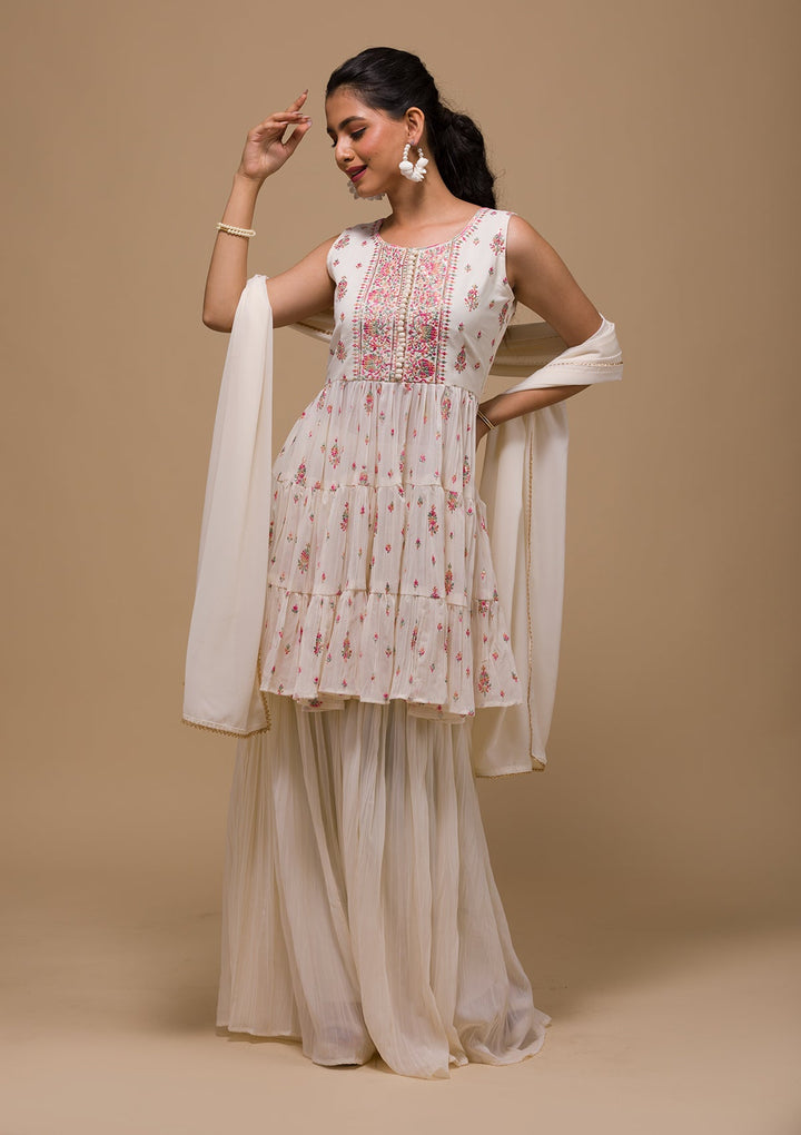 Cream Threadwork Georgette Readymade Salwar Kameez-Koskii