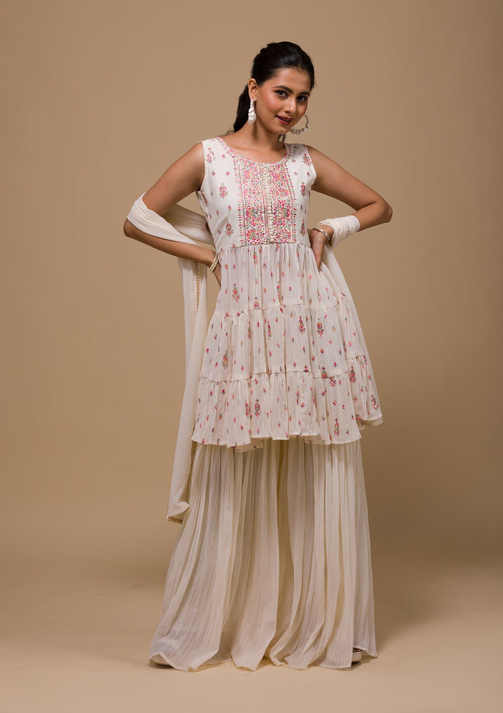 Cream Threadwork Georgette Readymade Salwar Kameez-Koskii