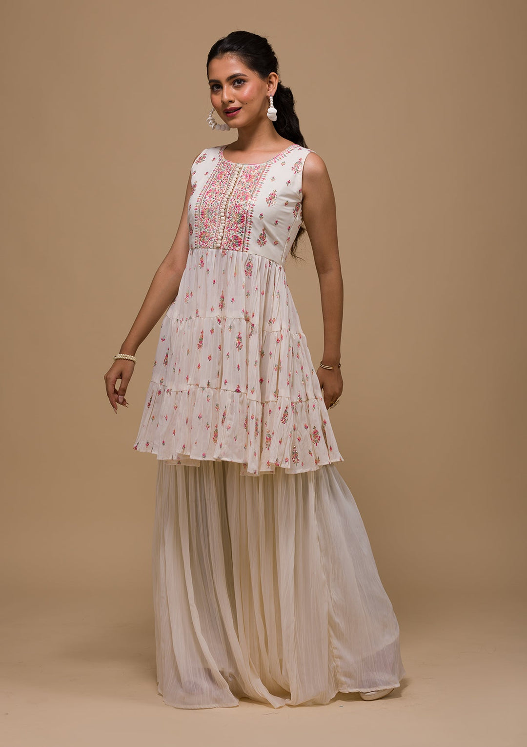 Cream Threadwork Georgette Readymade Salwar Kameez-Koskii