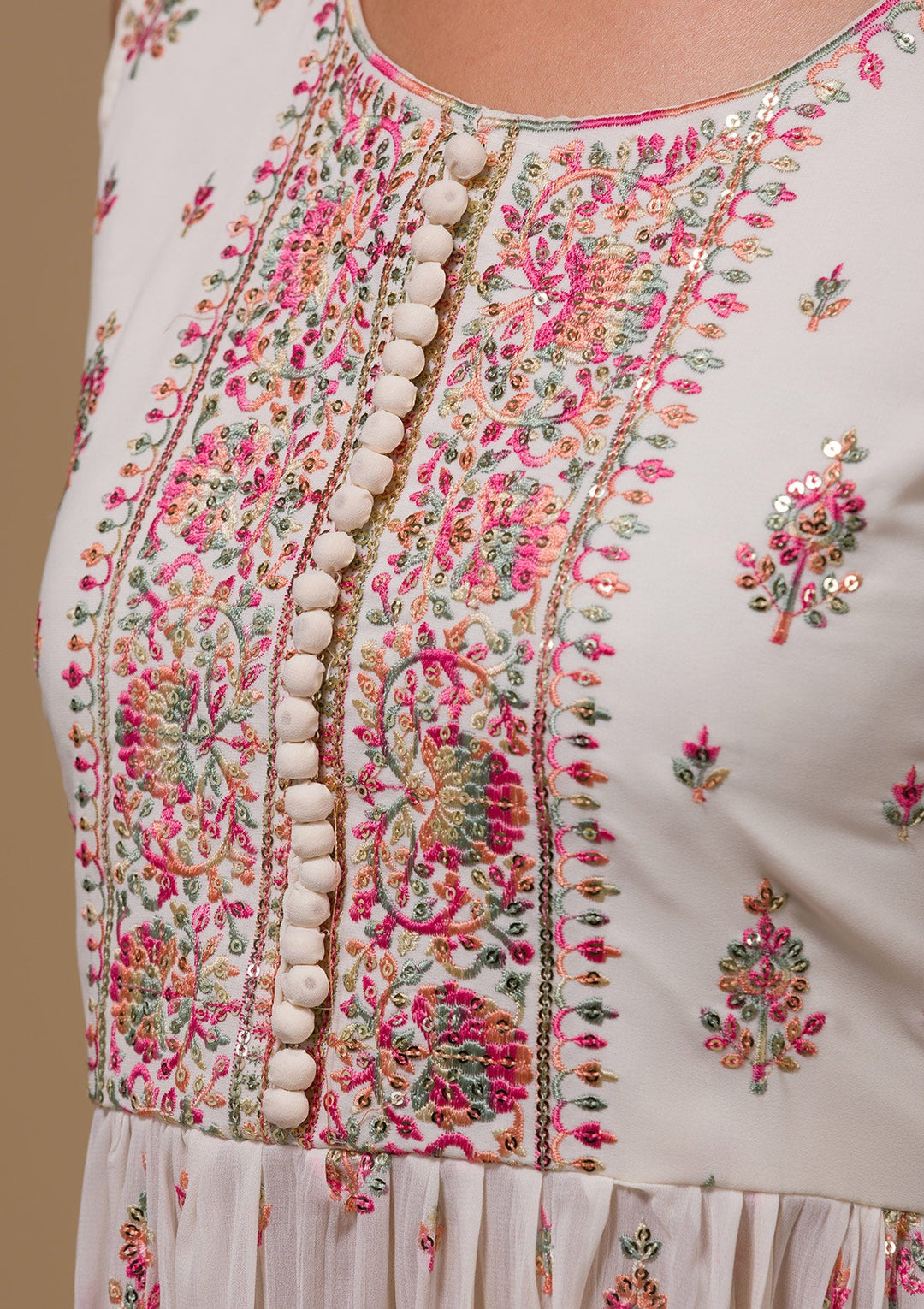 Cream Threadwork Georgette Readymade Salwar Kameez-Koskii