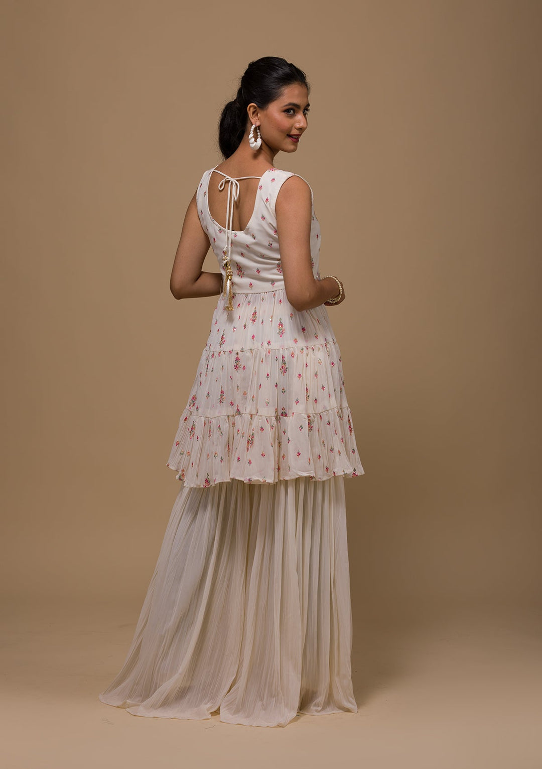 Cream Threadwork Georgette Readymade Salwar Kameez-Koskii