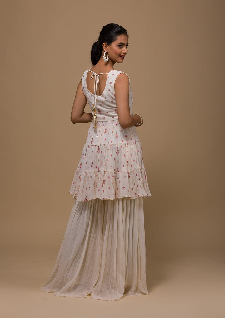 Cream Threadwork Georgette Readymade Salwar Kameez-Koskii