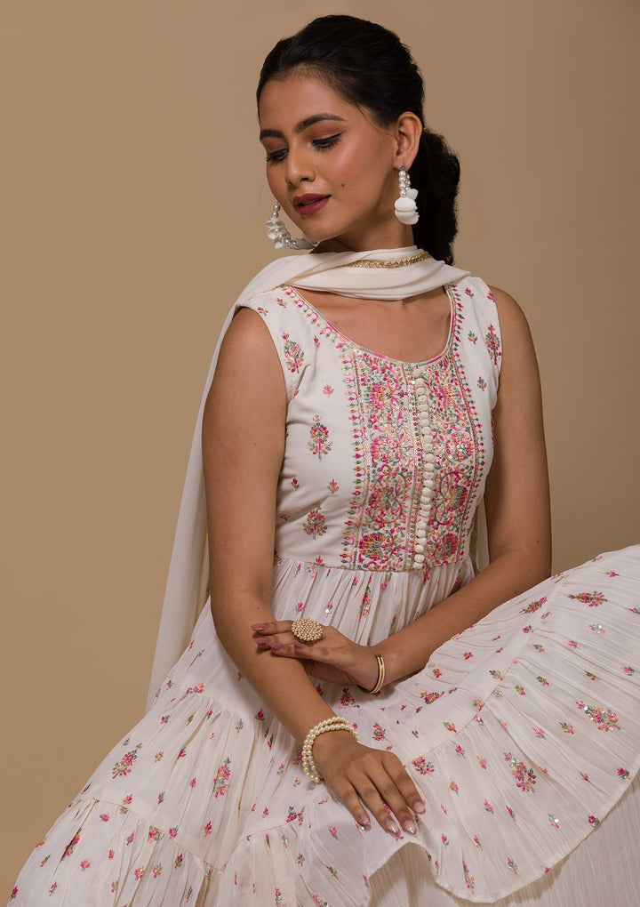 Cream Threadwork Georgette Readymade Salwar Kameez-Koskii