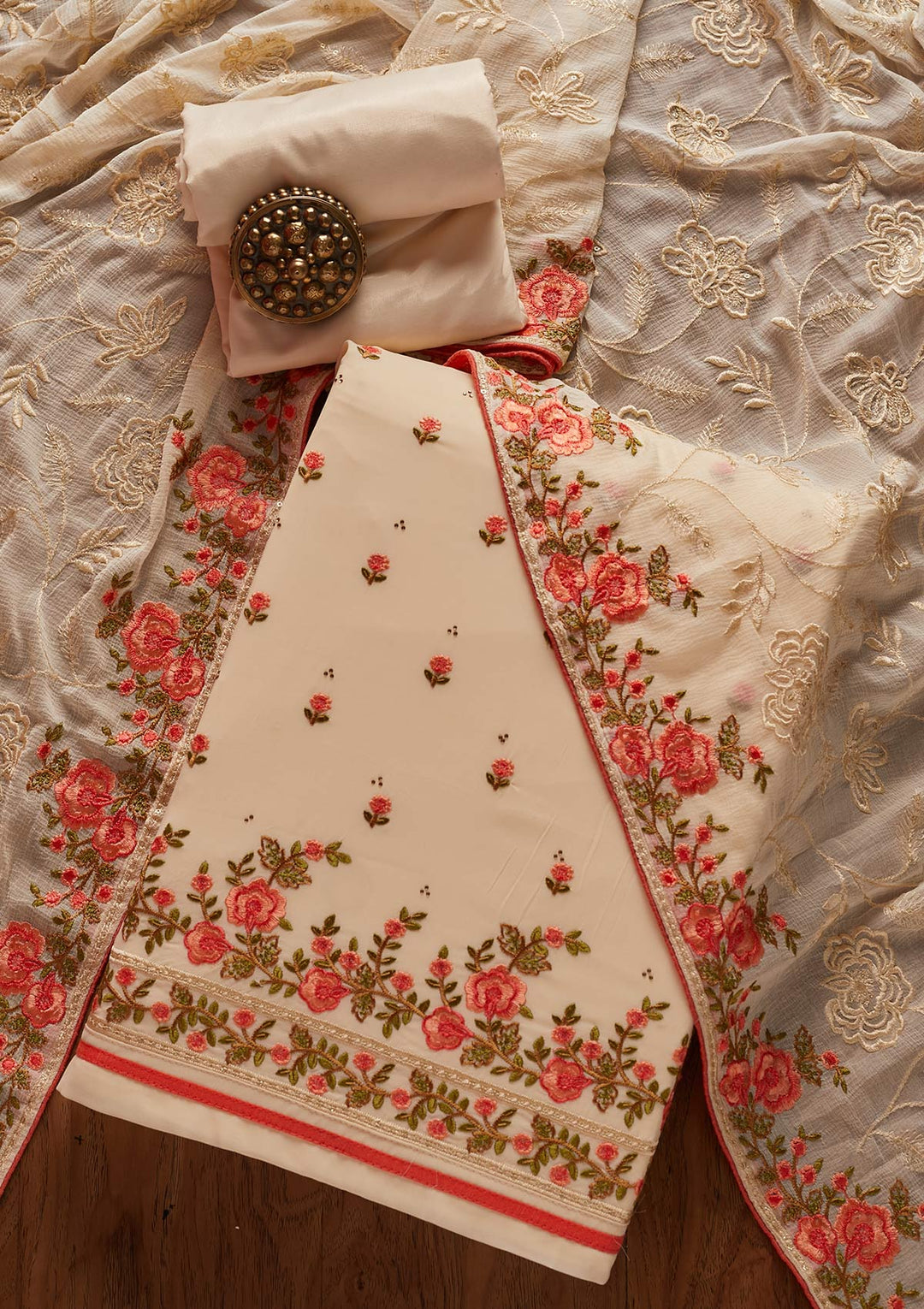Cream Threadwork Georgette Designer Unstitched Salwar Suit - koskii