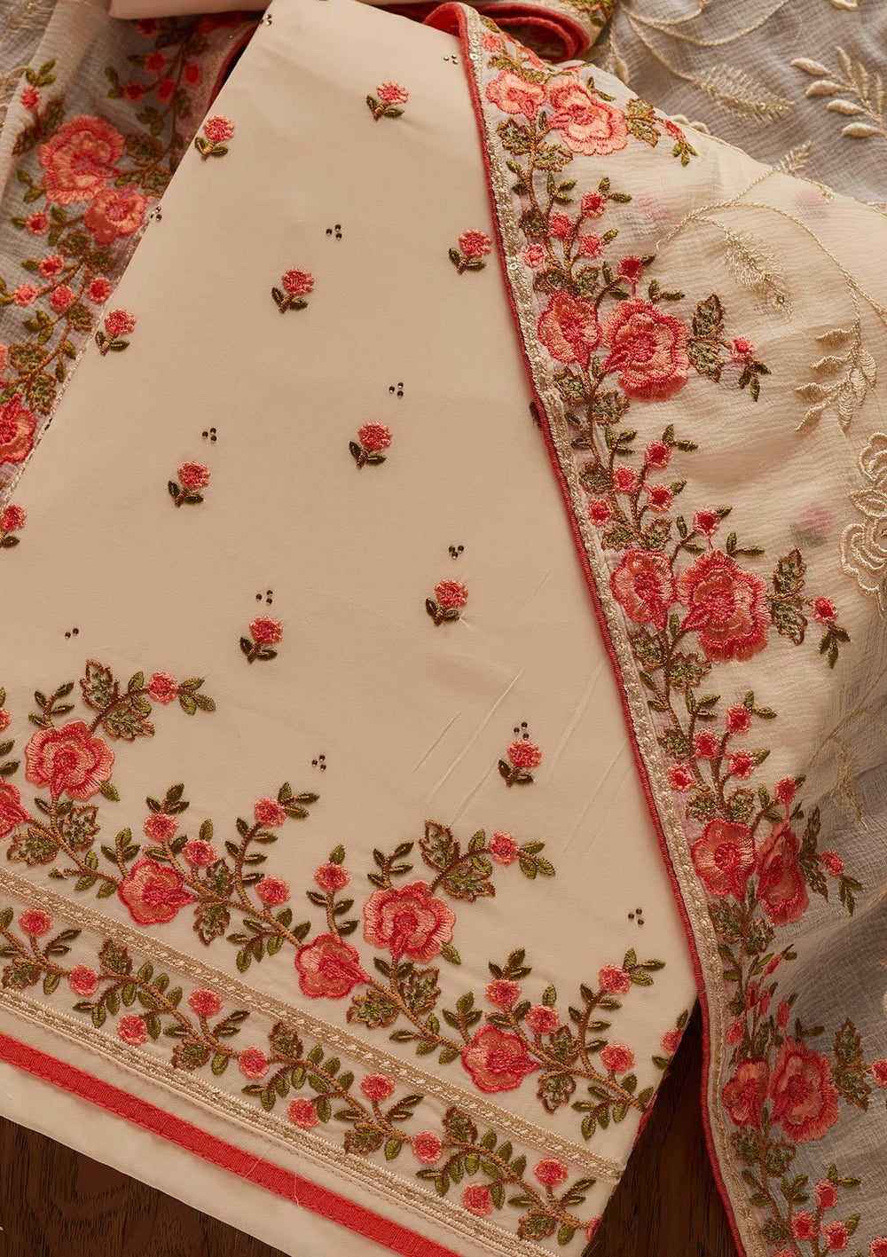 Cream Threadwork Georgette Designer Unstitched Salwar Suit - koskii