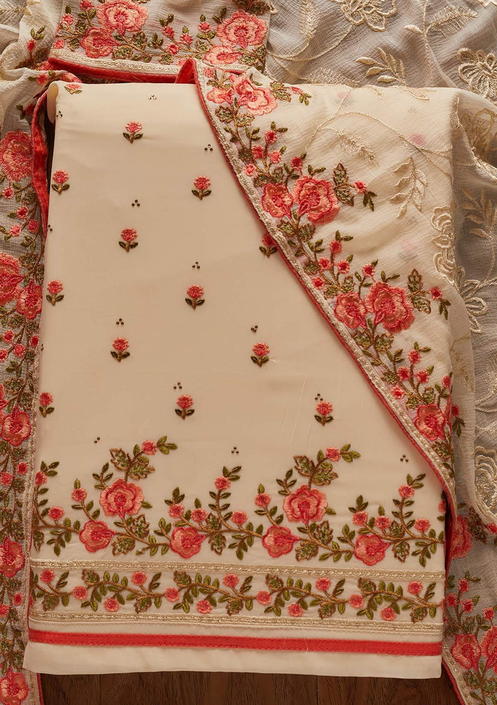 Cream Threadwork Georgette Designer Unstitched Salwar Suit - koskii