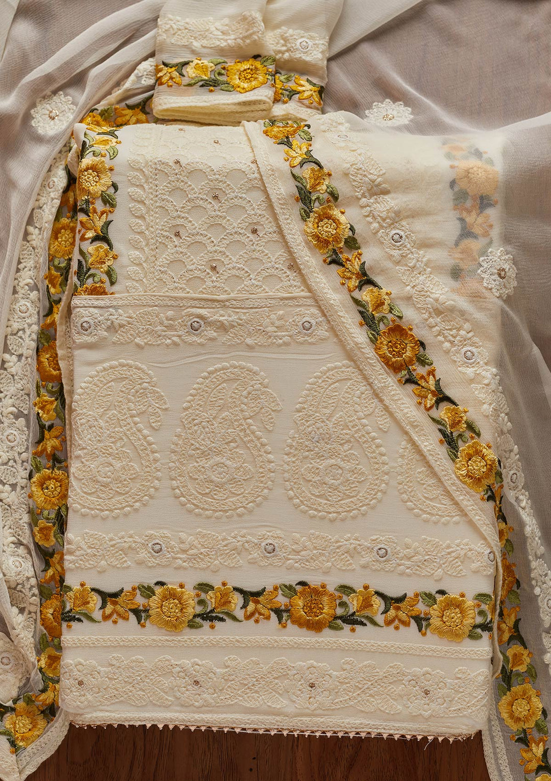 Cream Threadwork Georgette Designer Unstitched Salwar Suit - koskii