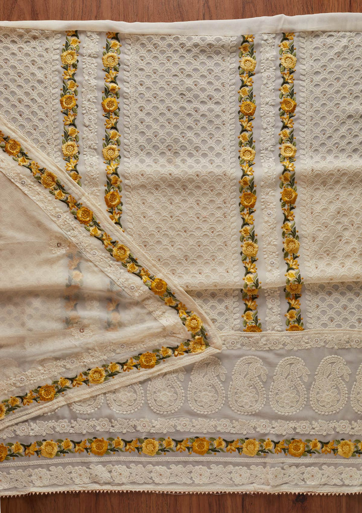 Cream Threadwork Georgette Designer Unstitched Salwar Suit - koskii