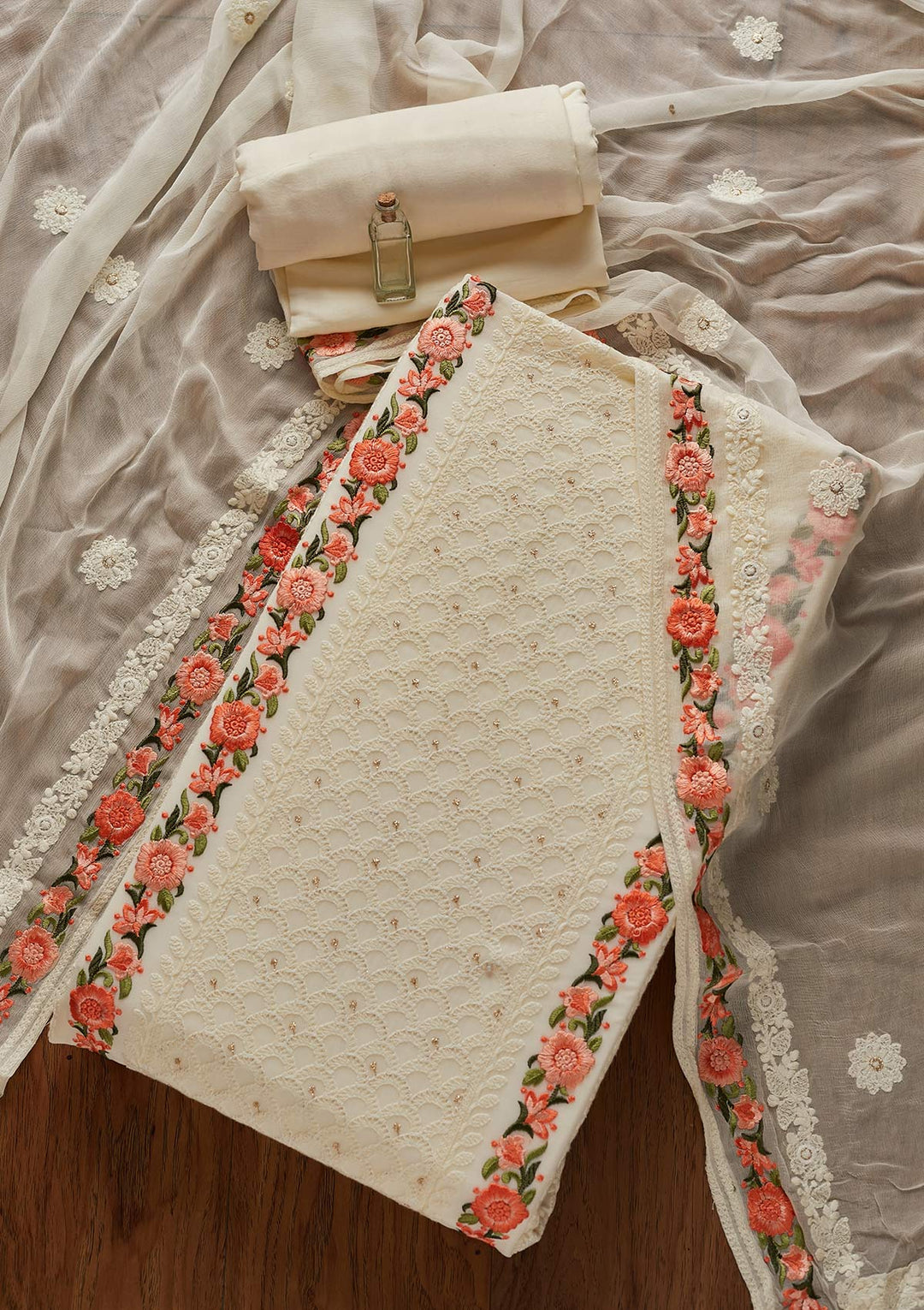 Cream Threadwork Georgette Designer Unstitched Salwar Suit - koskii