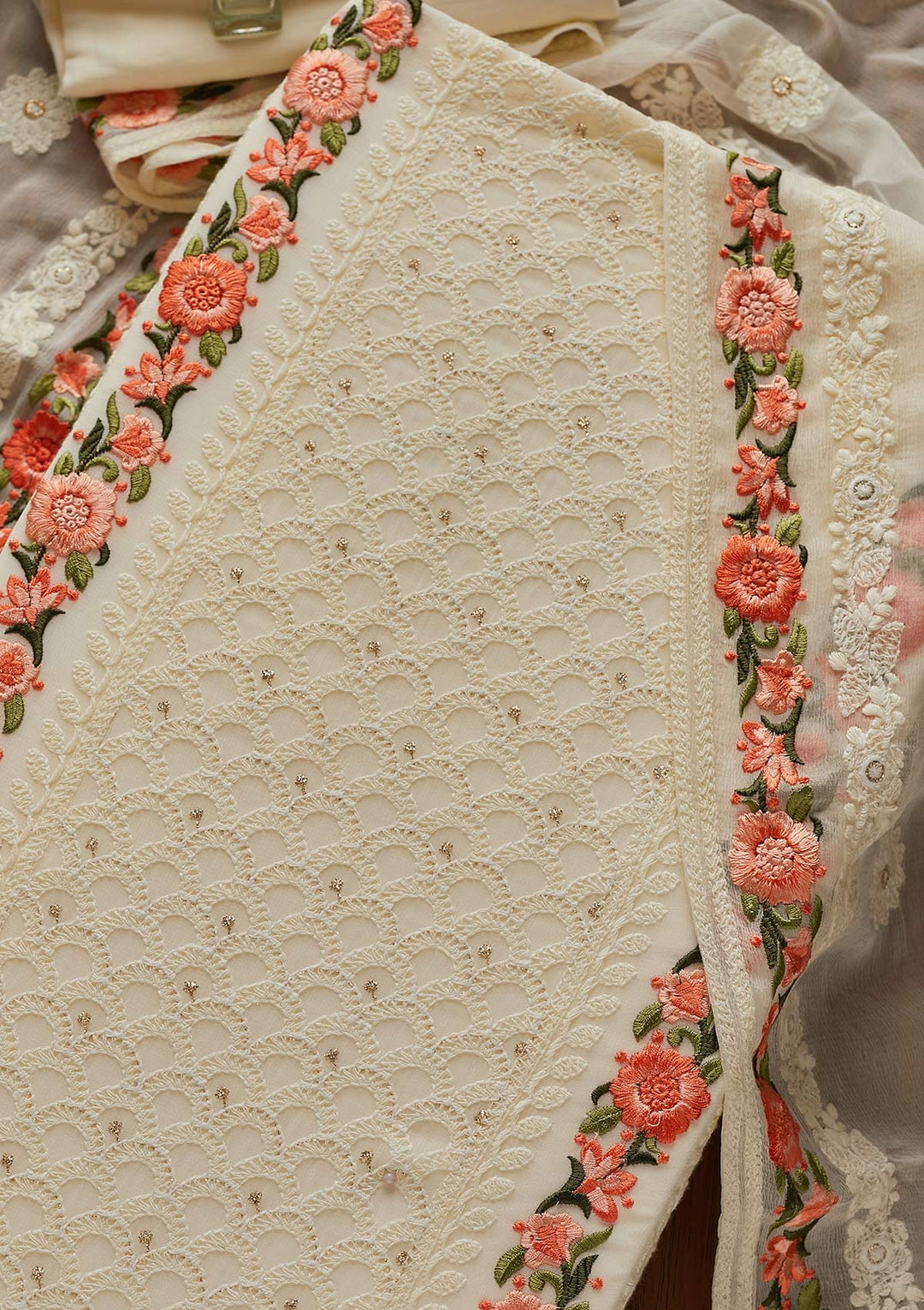 Cream Threadwork Georgette Designer Unstitched Salwar Suit - koskii