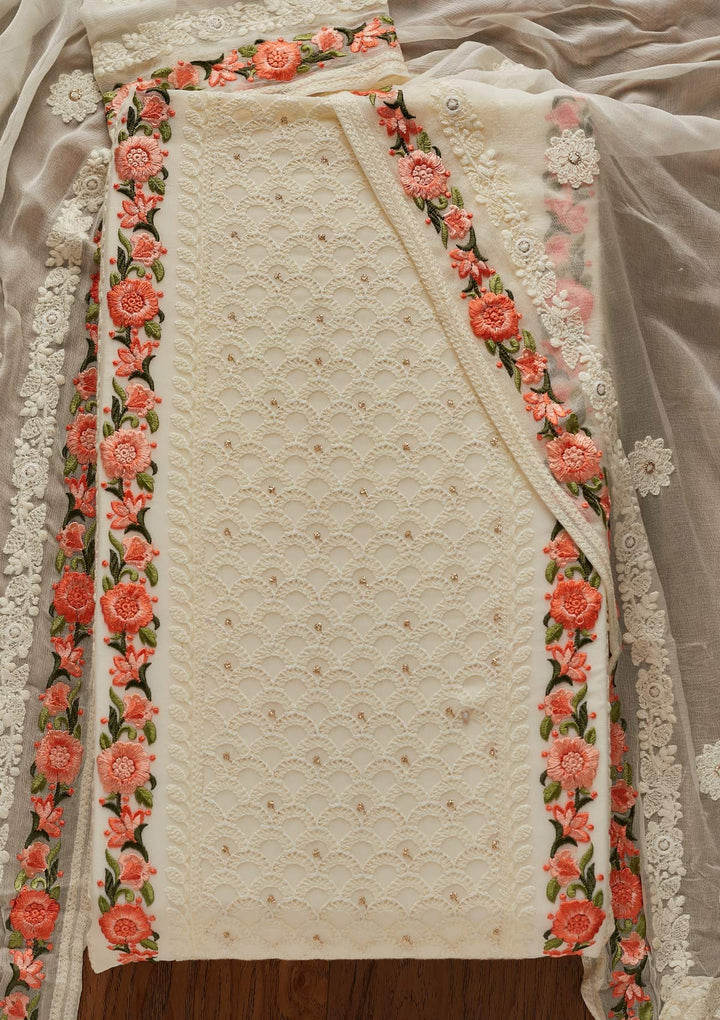 Cream Threadwork Georgette Designer Unstitched Salwar Suit - koskii