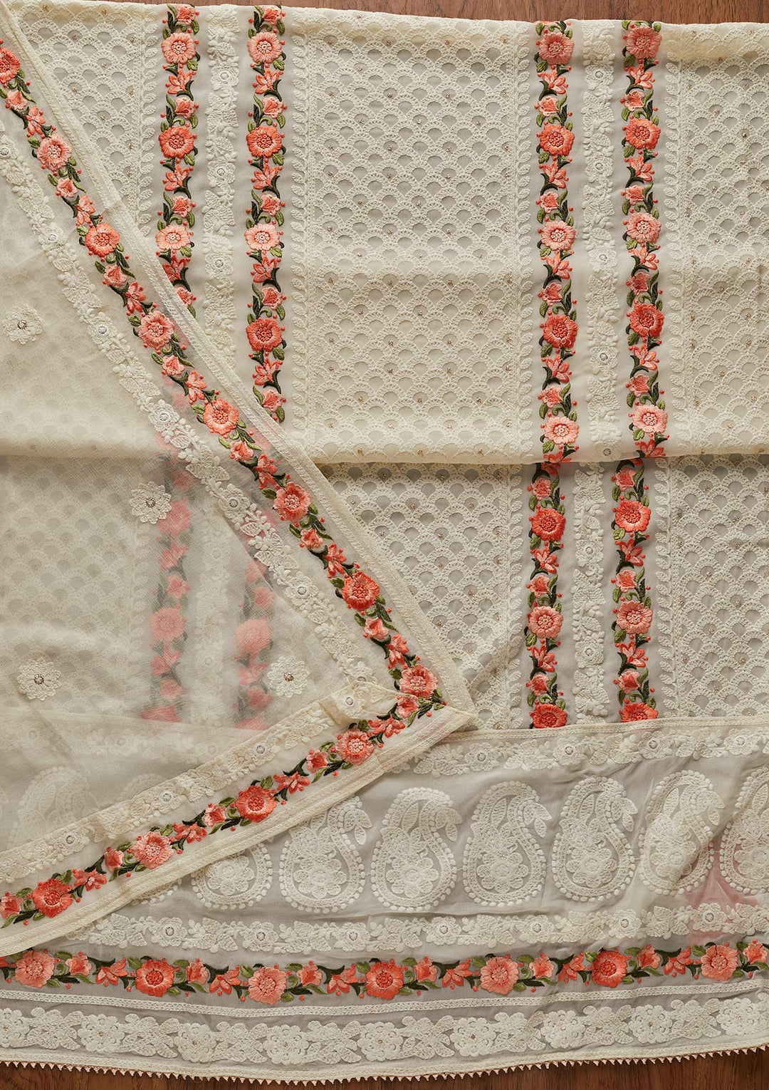 Cream Threadwork Georgette Designer Unstitched Salwar Suit - koskii