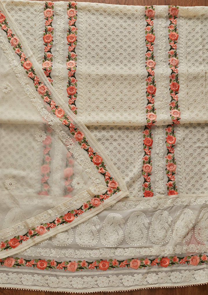 Cream Threadwork Georgette Designer Unstitched Salwar Suit - koskii
