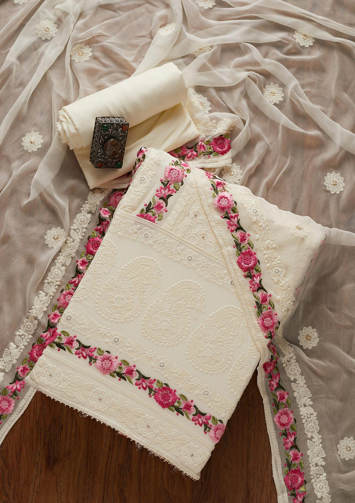 Cream Threadwork Georgette Designer Unstitched Salwar Suit - koskii