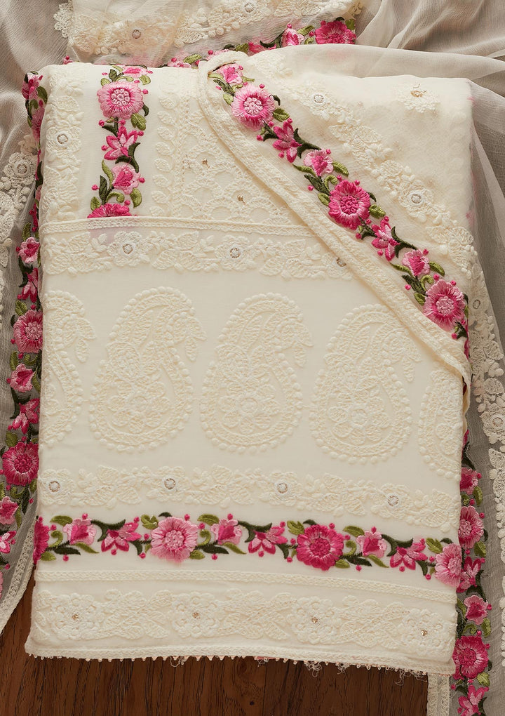 Cream Threadwork Georgette Designer Unstitched Salwar Suit - koskii