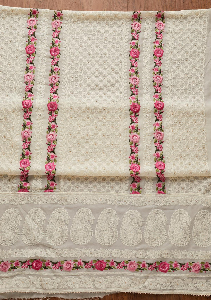 Cream Threadwork Georgette Designer Unstitched Salwar Suit - koskii