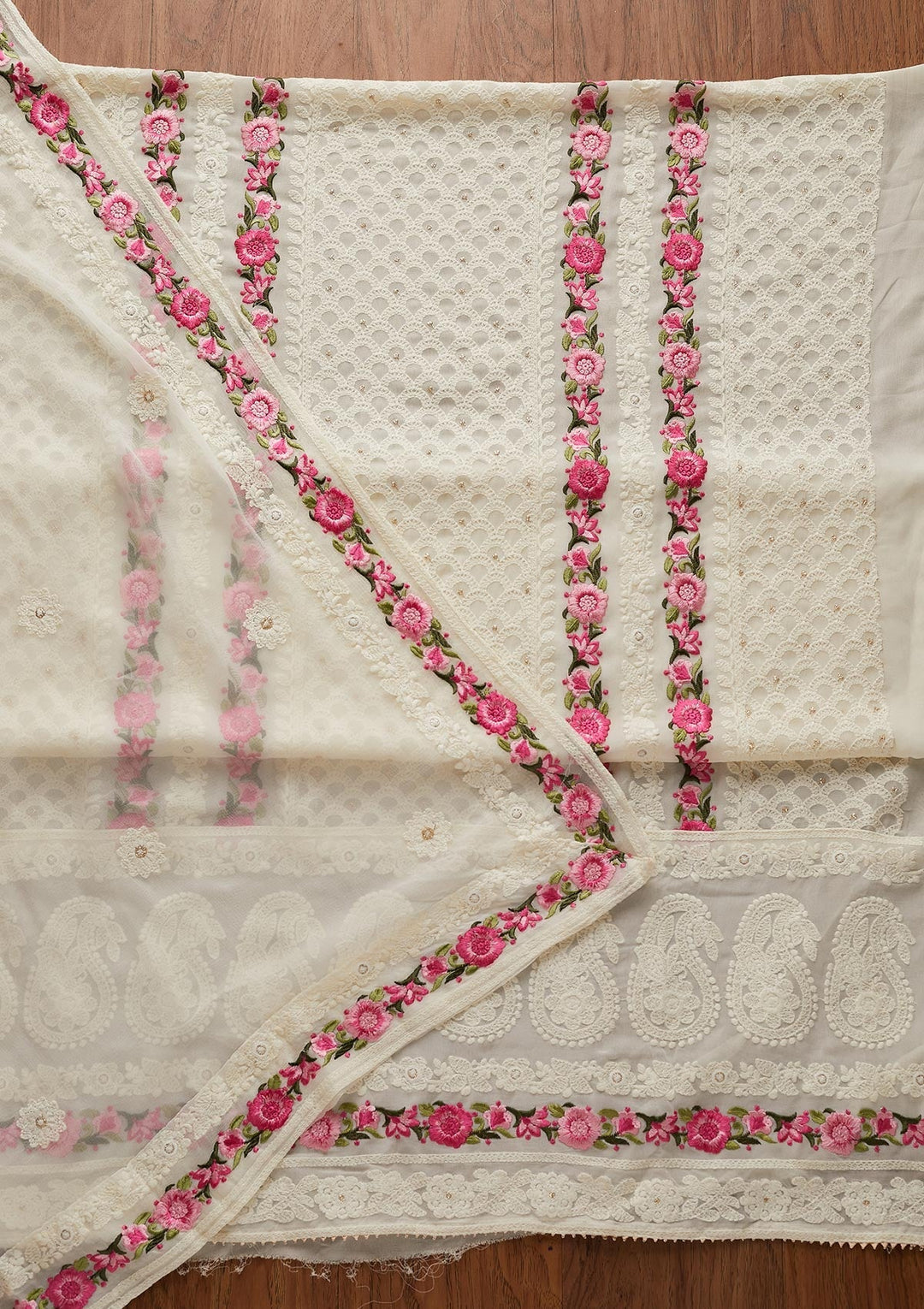 Cream Threadwork Georgette Designer Unstitched Salwar Suit - koskii