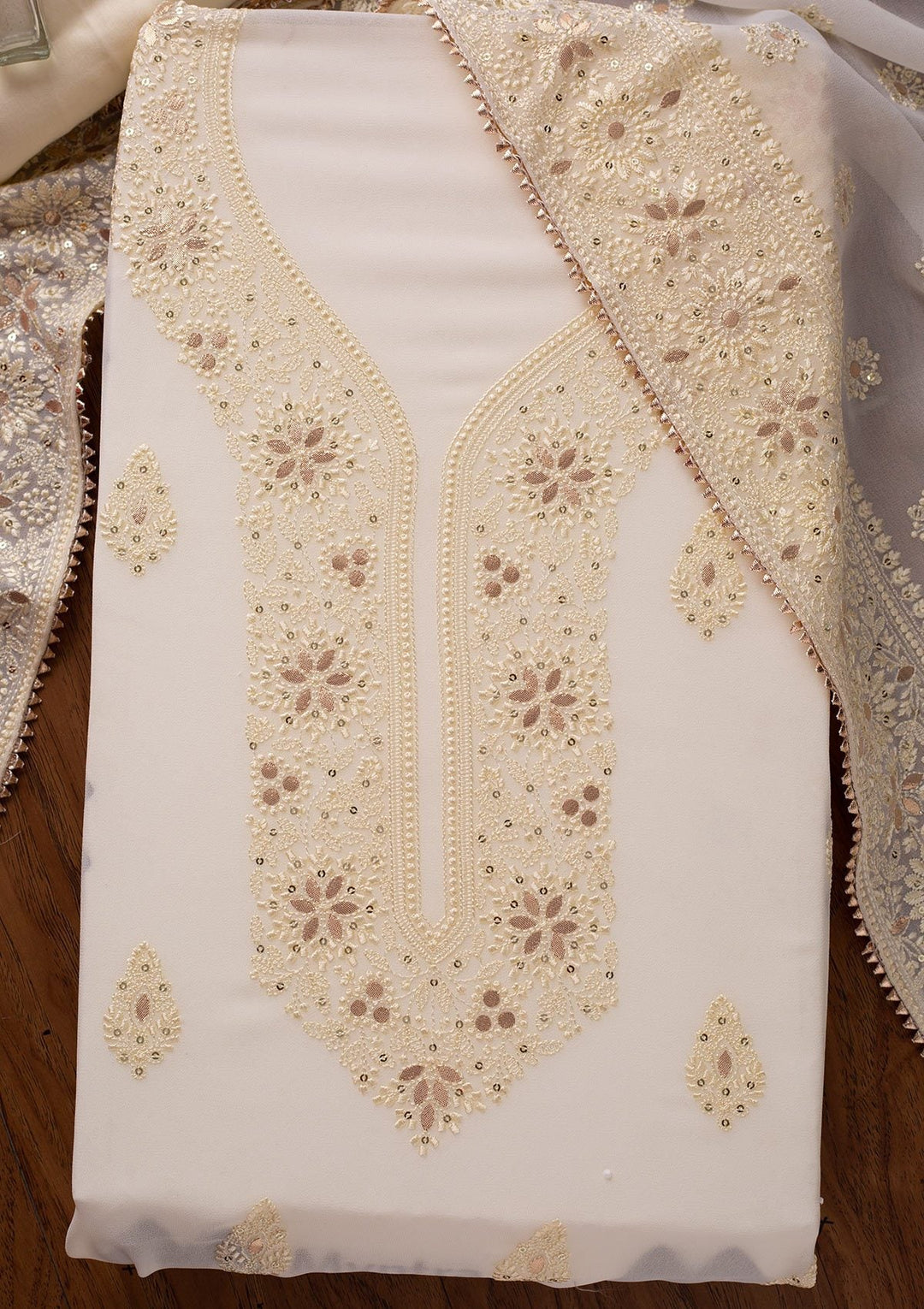 Cream Threadwork Georgette Designer Unstitched Salwar Suit - koskii