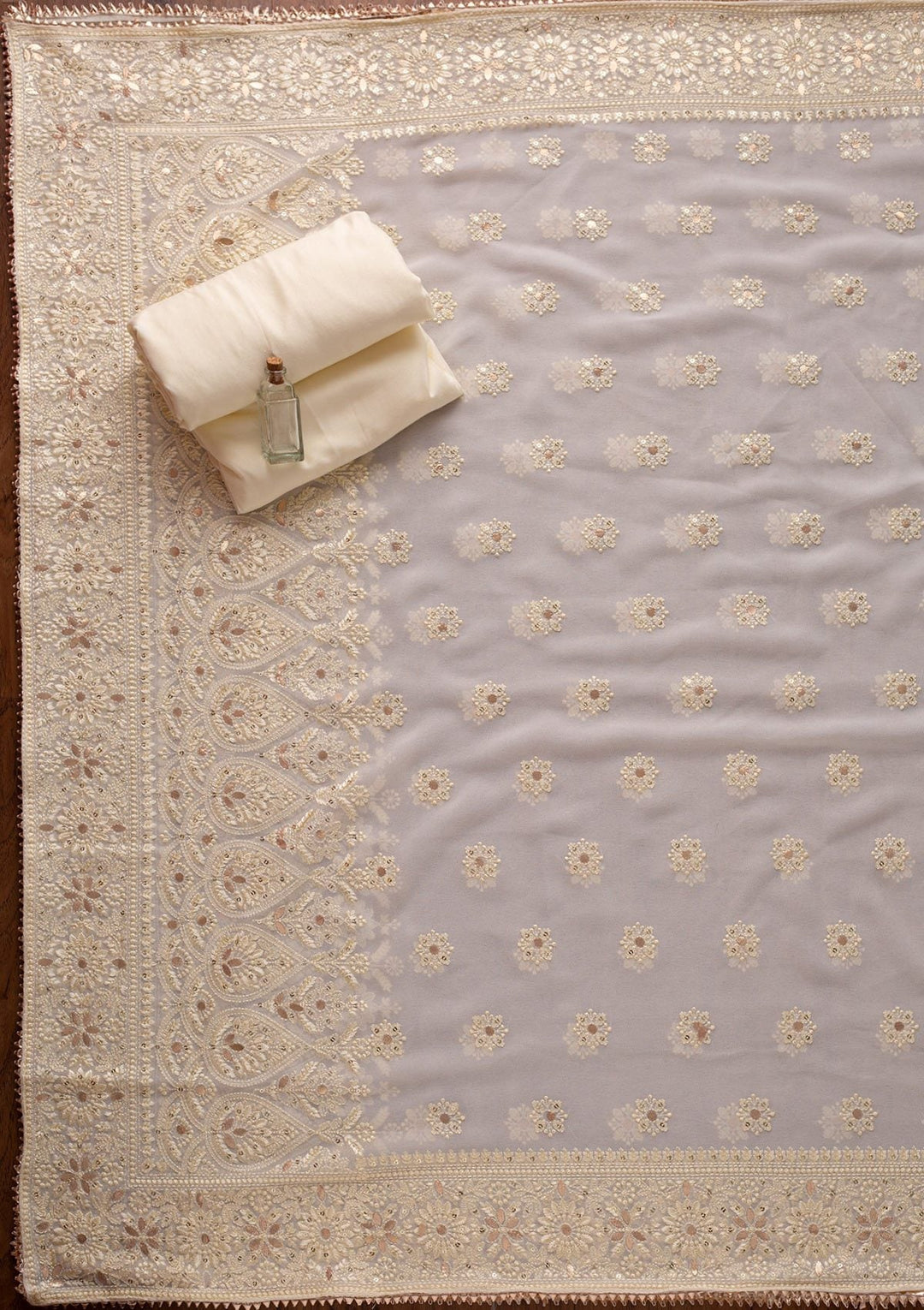 Cream Threadwork Georgette Designer Unstitched Salwar Suit - koskii