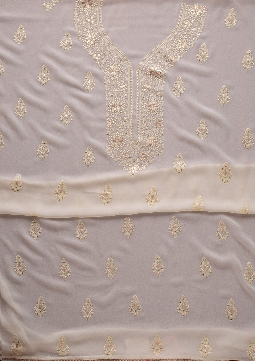 Cream Threadwork Georgette Designer Unstitched Salwar Suit - koskii
