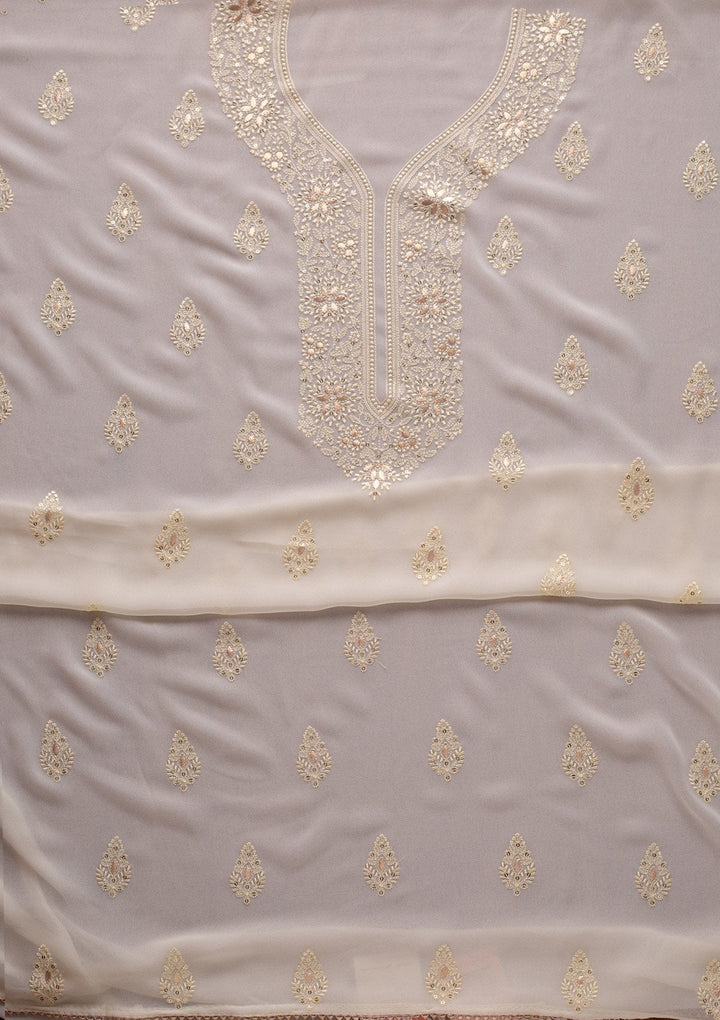 Cream Threadwork Georgette Designer Unstitched Salwar Suit - koskii