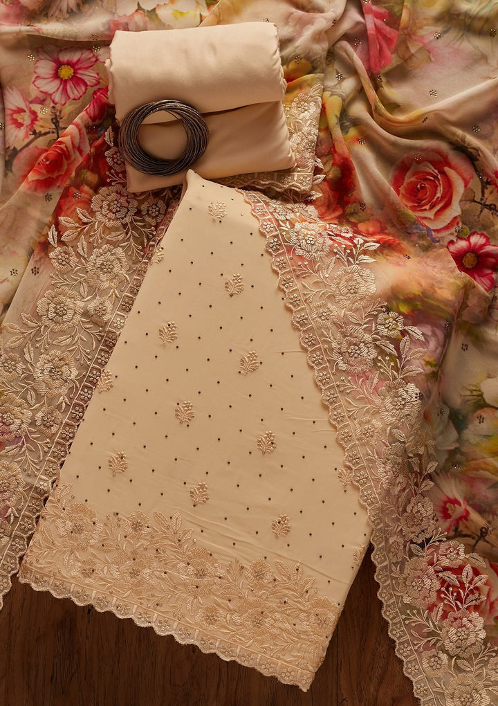 Cream Threadwork Georgette Designer Unstitched Salwar Suit - koskii