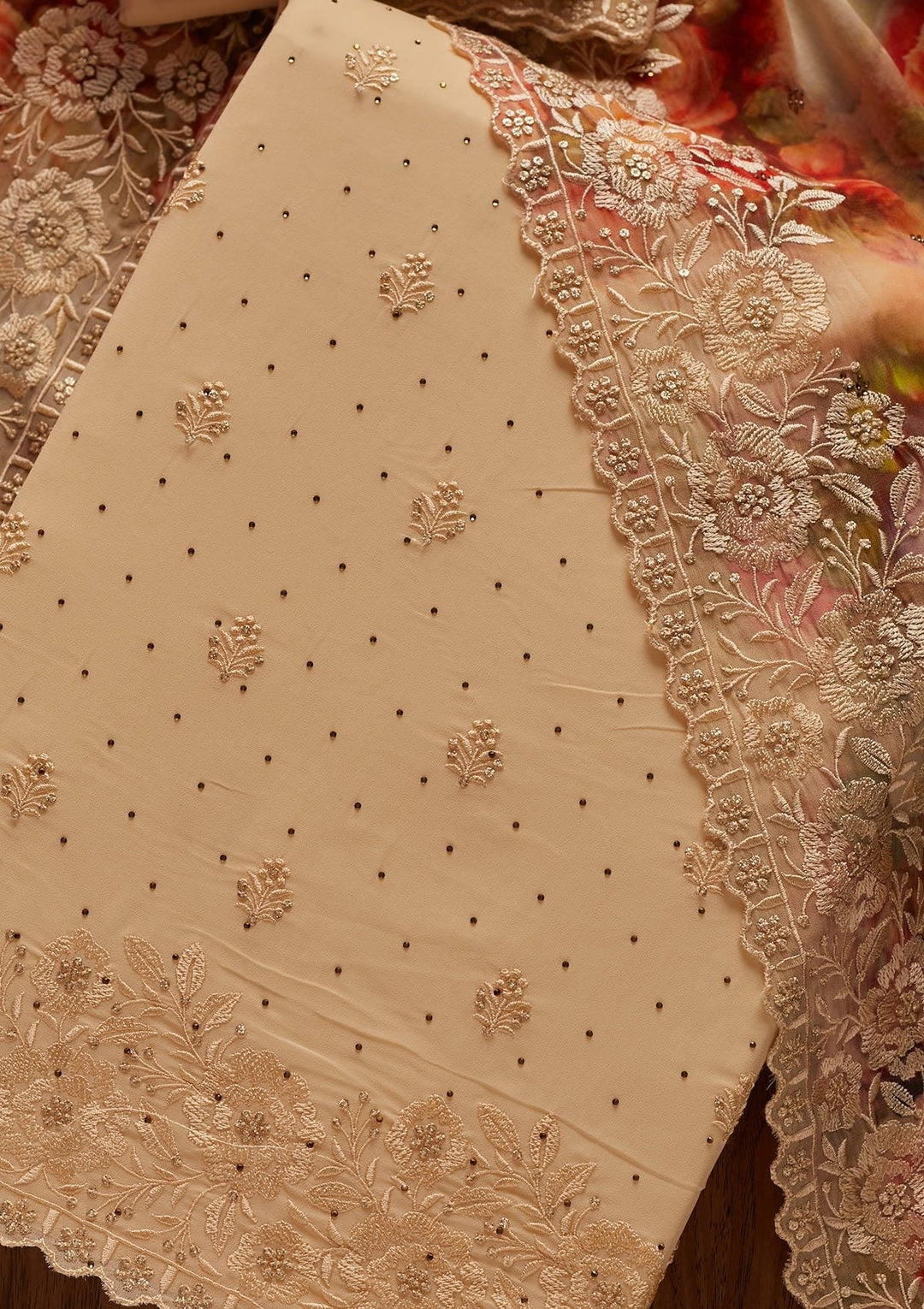 Cream Threadwork Georgette Designer Unstitched Salwar Suit - koskii