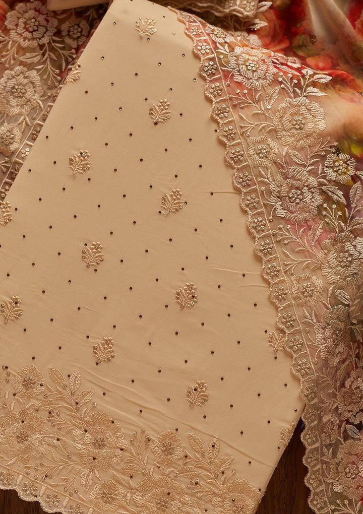 Cream Threadwork Georgette Designer Unstitched Salwar Suit - koskii