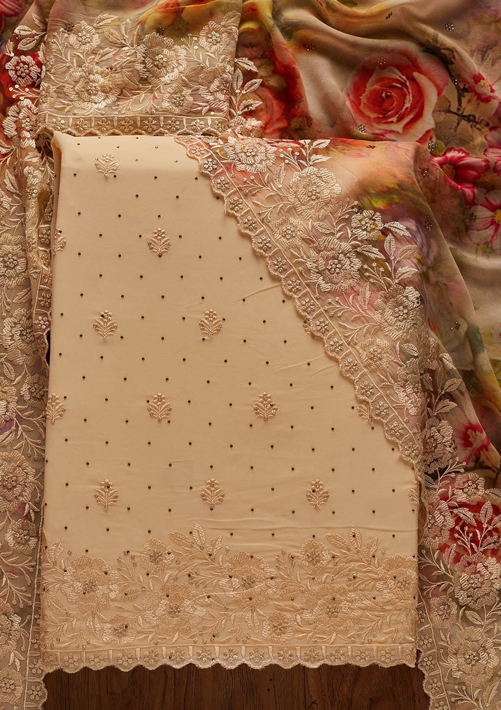 Cream Threadwork Georgette Designer Unstitched Salwar Suit - koskii