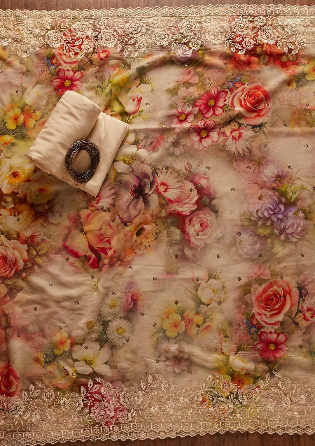 Cream Threadwork Georgette Designer Unstitched Salwar Suit - koskii