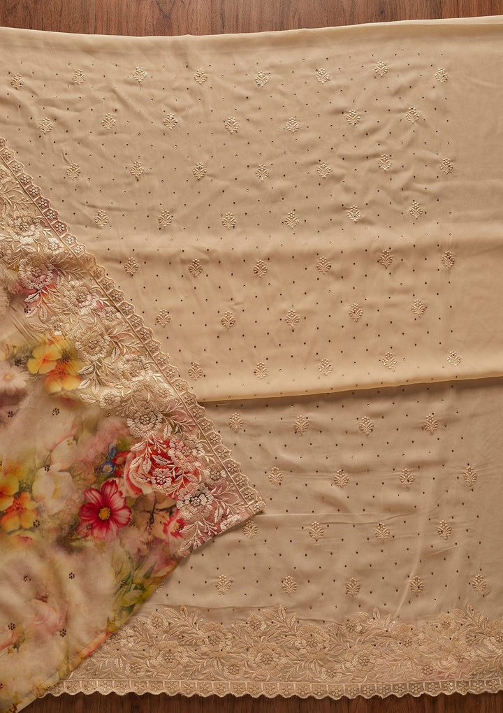 Cream Threadwork Georgette Designer Unstitched Salwar Suit - koskii