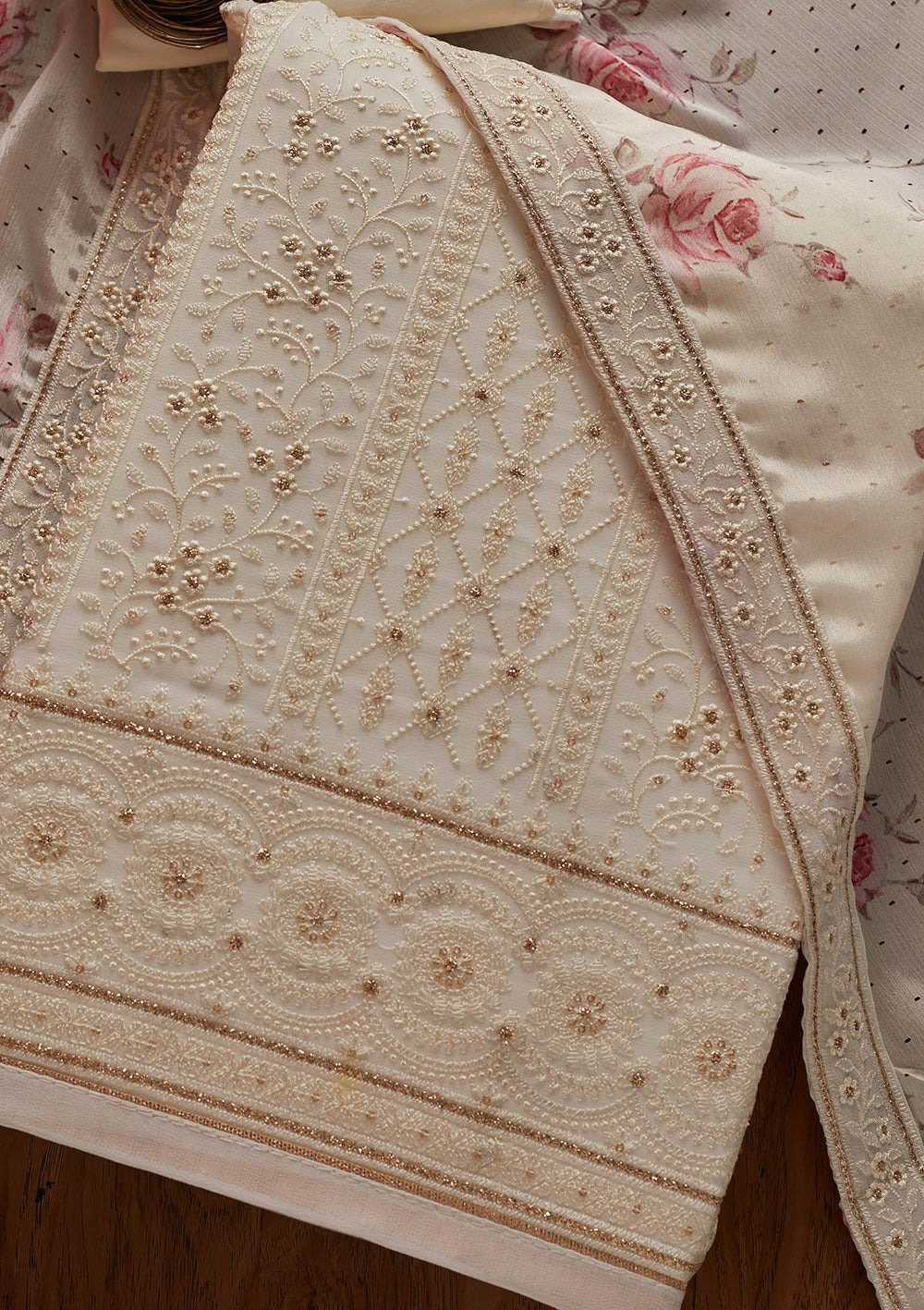 Cream Threadwork Georgette Designer Unstitched Salwar Suit - koskii