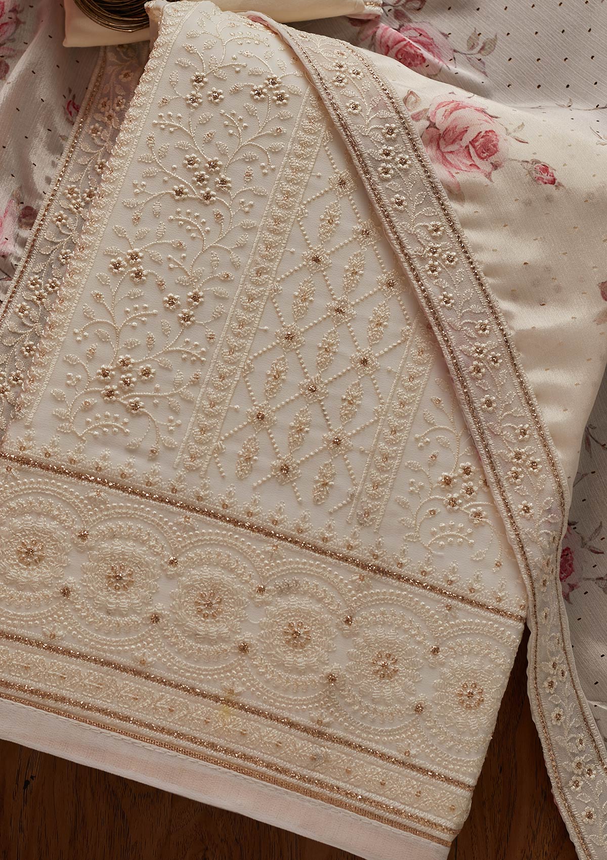 Cream Threadwork Georgette Designer Unstitched Salwar Suit - koskii