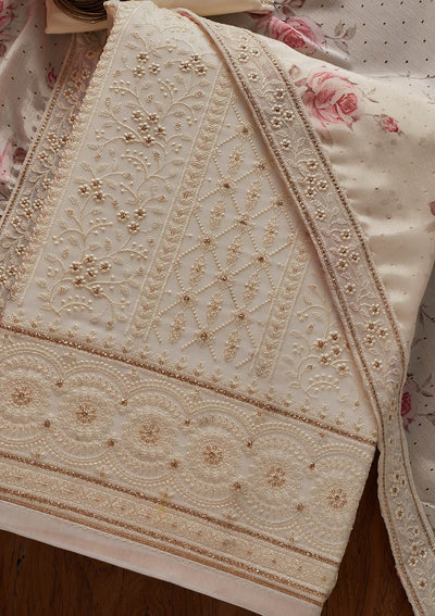 Cream Threadwork Georgette Designer Unstitched Salwar Suit - koskii
