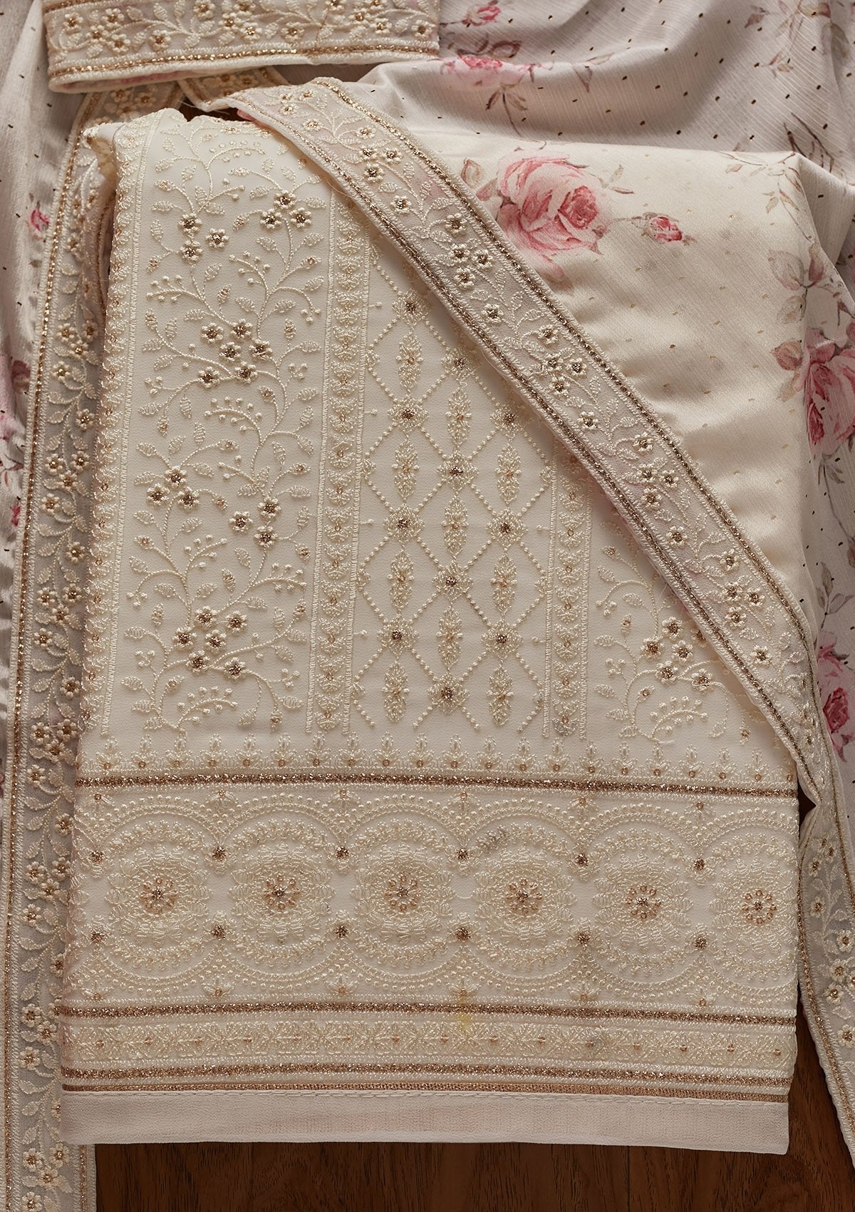 Cream Threadwork Georgette Designer Unstitched Salwar Suit - koskii
