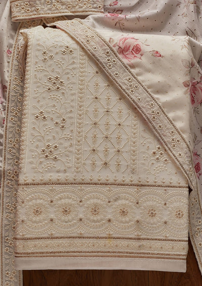 Cream Threadwork Georgette Designer Unstitched Salwar Suit - koskii