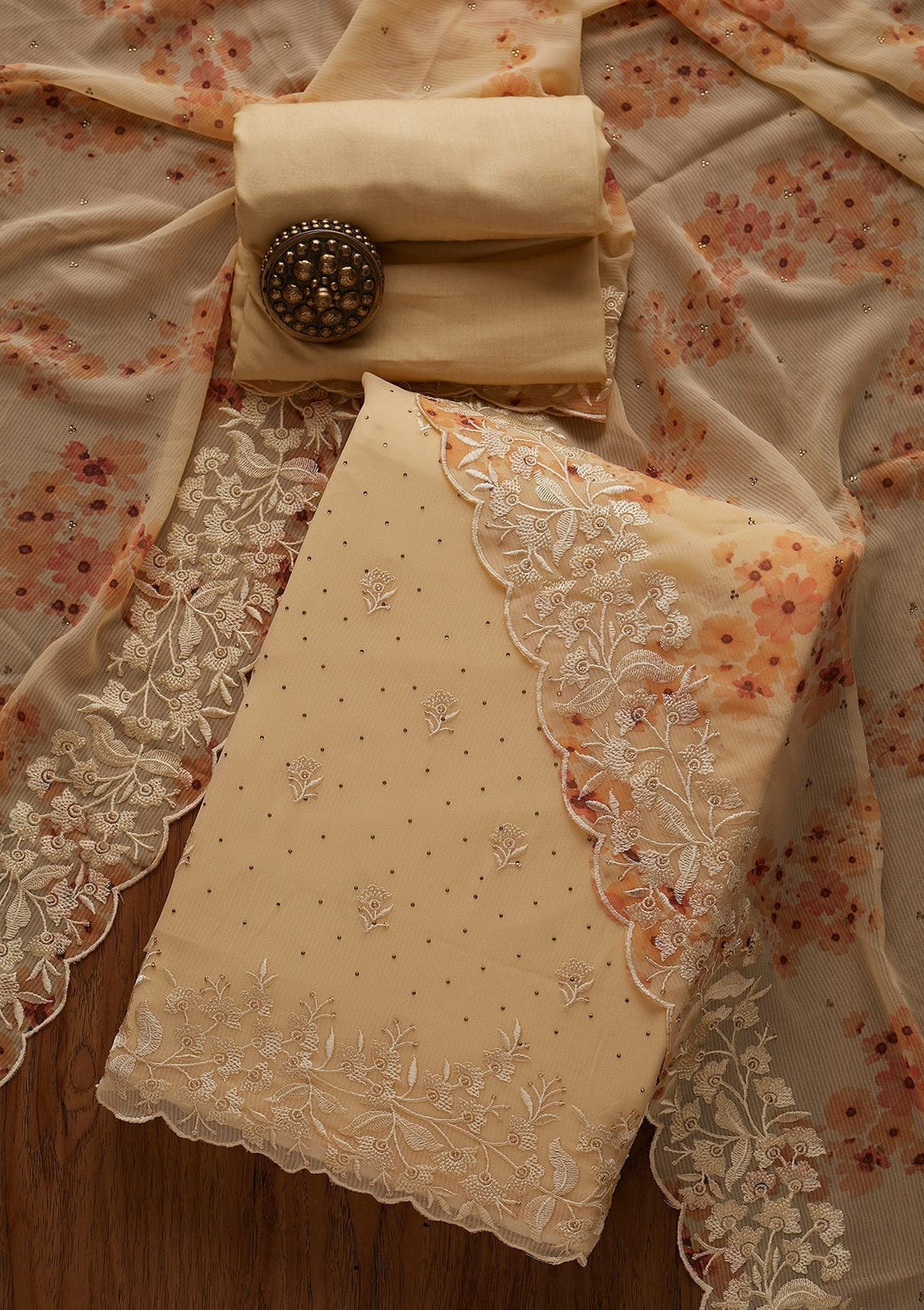 Cream Threadwork Georgette Designer Unstitched Salwar Suit - koskii