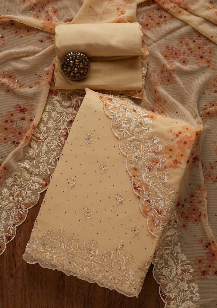 Cream Threadwork Georgette Designer Unstitched Salwar Suit - koskii